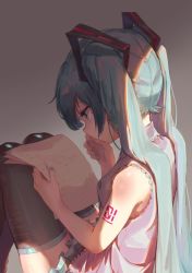 Rule 34 | 1girl, aqua eyes, aqua hair, aqua nails, bare shoulders, black skirt, black thighhighs, covering own mouth, feet out of frame, from side, gradient background, grey background, grey shirt, hair ornament, hand on own face, hand over own mouth, hatsune miku, holding, holding paper, knees up, legs together, light, long hair, miniskirt, nail polish, nejikyuu, number tattoo, paper, pleated skirt, profile, reading, shirt, shoulder tattoo, sitting, skirt, sleeveless, sleeveless shirt, solo, tattoo, thighhighs, twintails, very long hair, vocaloid