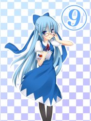 Rule 34 | circled 9, 1girl, alternate hairstyle, bad id, bad pixiv id, bespectacled, blue eyes, blue hair, book, bow, cirno, glasses, hair bow, ite fuji, long hair, matching hair/eyes, aged up, pantyhose, solo, touhou, upside-down book, very long hair