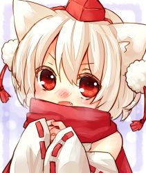 Rule 34 | 1girl, animal ears, bare shoulders, blush, detached sleeves, fang, female focus, hat, highres, inubashiri momiji, looking at viewer, open mouth, own hands together, pom pom (clothes), red eyes, red scarf, sawatari (sado), scarf, short hair, silver hair, sleeves past wrists, solo, tassel, tokin hat, touhou, wide sleeves, wolf ears