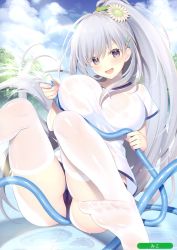 Rule 34 | 1girl, :d, absurdres, ass, black eyes, blue buruma, breasts, buruma, cloud, day, feet, flower, grey hair, gym uniform, hair flower, hair ornament, hair scrunchie, highres, holding, hose, large breasts, lens flare, long hair, looking at viewer, melonbooks, miko (royal milk), no shoes, open mouth, original, outdoors, ponytail, rainbow, scan, scrunchie, see-through, shirt, short sleeves, skindentation, sky, smile, solo, thighhighs, v-shaped eyebrows, very long hair, water, wet, wet clothes, wet shirt, white shirt, white thighhighs, x hair ornament
