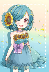 Rule 34 | 1girl, absurdres, alternate costume, alternate hairstyle, aqua dress, aqua hair, bow, dress, earrings, flower, frilled dress, frills, gradient background, hair ornament, highres, jewelry, nail polish, necklace, one eye closed, pearl necklace, petals, pink bow, pink nails, red eyes, salt (seasoning), short hair, solo, sunflower, tagme, tatara kogasa, touhou