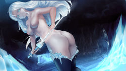 Rule 34 | absurdres, ass, back, blue eyes, boots, breasts, dark skin, highres, ice, medium breasts, nude, nyasha valkyrie, silver hair, sword, tagme, thighs, video game, weapon