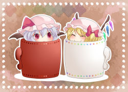 Rule 34 | 2girls, bat wings, blonde hair, blush, chibi, cup, closed eyes, female focus, flandre scarlet, hair ribbon, hammer (sunset beach), hat, hat ribbon, in container, in cup, light purple hair, multiple girls, red eyes, remilia scarlet, ribbon, short hair, side ponytail, smile, touhou, wings