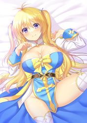 Rule 34 | 1girl, arch bishop (ragnarok online), belt, black belt, blonde hair, blush, breasts, cleavage, closed mouth, commentary request, cross, feet out of frame, fishnet thighhighs, fishnets, hair between eyes, hairband, highres, jacket, juliet sleeves, large breasts, long hair, long sleeves, looking at viewer, lying, masaya ichika, no panties, on back, on bed, puffy sleeves, purple eyes, ragnarok masters, ragnarok online, shiny skin, shrug (clothing), smile, solo, thighhighs, twintails, white jacket, white thighhighs