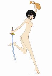Rule 34 | 1girl, ass, bare shoulders, barefoot, black hair, breasts, highres, nude, open mouth, purple eyes, rutee katrea, sack, short hair, simple background, sword, tales of (series), tales of destiny, weapon