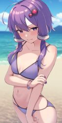 Rule 34 | 1girl, ahoge, beach, bikini, blue sky, blush, bracelet, breasts, cloud, commentary, cowboy shot, day, embarrassed, hair ornament, hand on own arm, highres, jewelry, looking at viewer, navel, outdoors, purple bikini, purple eyes, purple hair, purple nails, short hair with long locks, shun (b.c), sky, small breasts, solo, swimsuit, vocaloid, voiceroid, water, yuzuki yukari