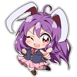 Rule 34 | 1girl, ahoge, aiming, aiming at viewer, animal ears, blazer, bwell, chibi, finger gun, jacket, long hair, looking at viewer, necktie, one eye closed, open mouth, pointing, pointing at viewer, purple hair, rabbit ears, red eyes, reisen udongein inaba, shirt, skirt, smile, solo, touhou, very long hair