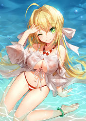 Rule 34 | 1girl, ;), ahoge, anklet, arm at side, arm support, barefoot, bikini, bison cangshu, blonde hair, breasts, cleavage, criss-cross halter, day, fate/grand order, fate (series), from above, front-tie top, green eyes, hair intakes, halterneck, hand in own hair, hand up, jewelry, large breasts, navel, nero claudius (fate), nero claudius (fate) (all), nero claudius (swimsuit caster) (fate), nero claudius (swimsuit caster) (third ascension) (fate), one eye closed, outdoors, partially submerged, see-through, side-tie bikini bottom, sitting, smile, solo, sparkle, striped bikini, striped clothes, swimsuit, wariza, water, water drop, wet, wet hair