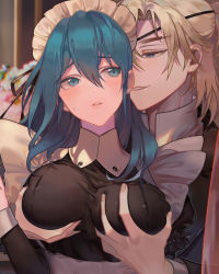 Rule 34 | 1boy, 1girl, alternate costume, black ribbon, blonde hair, blue eyes, blue hair, blurry, blurry background, grabbing another&#039;s breast, breasts, byleth (female) (fire emblem), byleth (fire emblem), commentary, dimitri alexandre blaiddyd, enmaided, eyepatch, face, fire emblem, fire emblem: three houses, grabbing, hair between eyes, hair ornament, hair ribbon, highres, large breasts, long hair, looking at another, maid, maid headdress, manly, nintendo, parted lips, peach luo, ponytail, ribbon, short hair, smile