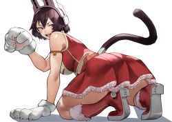 Rule 34 | 1girl, absurdres, animal hands, bell, boku no hero academia, boots, breasts, brown eyes, brown hair, cat tail, facial mark, gloves, highres, jingle bell, looking back, looking to the side, mandalay (boku no hero academia), medium breasts, paw gloves, red footwear, red shirt, red skirt, shirt, short hair, simple background, skirt, sleeveless, sleeveless shirt, solo, tail, whisker markings, white background, yoshio (55level)