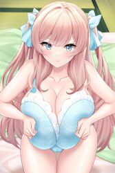 Rule 34 | bra, breasts, breasts squeezed together, cleavage, futon, game cg, grabbing own breast, huge breasts, long hair, nijigen kanojo, panties, ribbon, solo, tachihi nana, twintails, underwear