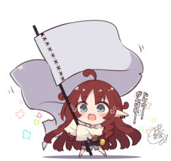Rule 34 | 1girl, :d, aqua eyes, arknights, beni shake, blush, brown hair, chibi, commentary request, earrings, flag, jewelry, long hair, myrtle (arknights), open mouth, pointy ears, sleeves past wrists, smile, solo, translation request