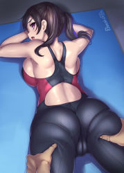 Rule 34 | 1boy, 1girl, ass, bosshi, breasts, brown hair, cameltoe, exercising, highres, large breasts, looking at viewer, lying, offscreen person, original, out of frame, purple eyes, sideboob, solo focus, sportswear, thigh grab, training, twintails