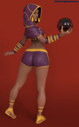 Rule 34 | 1girl, 3d, absurdres, ass, back, butt crack, crystal ball, curvy, dark-skinned female, dark skin, female focus, green eyes, highres, hip focus, hood, hoodie, huge ass, legs, menat, purple hair, red background, sandals, simple background, smile, solo, street fighter, street fighter v, the majestic, thick thighs, thighs, wide hips
