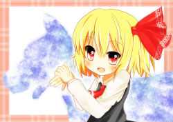 Rule 34 | 1girl, arms up, ascot, blonde hair, border, child, dog, dress shirt, fang, female focus, hair ribbon, long sleeves, looking at viewer, open mouth, own hands together, red eyes, ribbon, rumia, shadow puppet, shirt, short hair, solo, sparkle, touhou, umi suzume, vest, white background