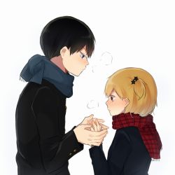 Rule 34 | 10s, 1boy, 1girl, black hair, blonde hair, blue eyes, blush, breath, brown eyes, haikyuu!!, hair ornament, holding hands, height difference, hetero, kageyama tobio, long sleeves, looking at another, rivers, scarf, short hair, side ponytail, simple background, white background, yachi hitoka