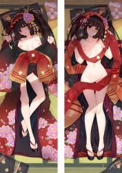 Rule 34 | 1girl, black hair, black kimono, blunt bangs, blush, breasts, cherry blossoms, cleft of venus, clock eyes, closed mouth, collarbone, dakimakura (medium), date a live, flower, from above, gluteal fold, hair flower, hair ornament, hair ribbon, heterochromia, japanese clothes, kimono, long hair, looking at viewer, lying, medium breasts, moeanime, nipples, nude, on back, open clothes, open kimono, pink flower, pussy, red eyes, red ribbon, ribbon, smile, solo, split screen, symbol-shaped pupils, tatami, thigh gap, tokisaki kurumi, tongue, tongue out, twintails, very long hair, yellow eyes