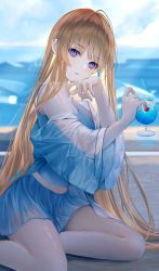 Rule 34 | 1girl, arm support, artist name, bad id, bad twitter id, blonde hair, blue shirt, blue skirt, blue theme, blurry, blurry background, blush, cup, expressionless, hand up, head tilt, highres, long hair, long sleeves, looking at viewer, nekoyama iori, original, outdoors, parted lips, purple eyes, shirt, sitting, skirt, solo, summer