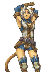 Rule 34 | 00s, 1girl, animal ears, armpits, bad id, bad pixiv id, belt, blonde hair, blue eyes, breasts, cat ears, cat girl, cat tail, cleavage, elbow gloves, final fantasy, final fantasy xi, gloves, mithra (ff11), pointy ears, short hair, solo, suzuno (bookshelf), tail, thighhighs, white hair