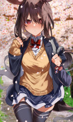 Rule 34 | 1girl, absurdres, admire vega (umamusume), alternate costume, animal ears, bag, black thighhighs, blue jacket, blue skirt, blurry, blurry background, blush, bow, bowtie, breasts, brown hair, chabashira (tyabasirak55), character doll, closed mouth, collarbone, cowboy shot, curren chan (umamusume), highres, horse ears, horse girl, horse tail, jacket, long hair, looking at viewer, medium breasts, outdoors, red bow, red bowtie, red hair, school bag, shirt, skirt, sleeves past wrists, solo, sweater, tail, thighhighs, umamusume, v-shaped eyebrows, white shirt, yellow sweater