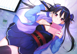 Rule 34 | 1girl, :o, bare shoulders, black hair, black thighhighs, blue hair, blue jacket, blue skirt, cable, collarbone, commentary request, dutch angle, fingernails, ginopi, hair between eyes, handheld game console, highres, holding, jacket, long hair, long sleeves, looking at viewer, lying, multicolored hair, obi, on back, open clothes, open jacket, original, parted lips, pleated skirt, red eyes, sash, skirt, sleeves past wrists, solo, streaked hair, thighhighs, twintails, very long hair