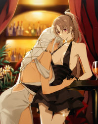 Rule 34 | 2girls, alcohol, amazuki jou, azur lane, backless dress, backless outfit, bar (place), bare shoulders, beer, black gloves, black skirt, blurry, blurry background, bottle, breasts, brown hair, choker, cleavage, closed eyes, closed mouth, cocktail dress, commentary request, cowboy shot, cup, curtains, dark-skinned female, dark skin, dress, drinking glass, earrings, evening gown, flower, gloves, hair between eyes, head on chest, highres, indoors, jean bart (azur lane), jean bart (uninhibited bloodstone) (azur lane), jewelry, large breasts, light particles, long hair, massachusetts (azur lane), massachusetts (dressed to impress) (azur lane), medium breasts, multiple girls, official alternate costume, ponytail, red eyes, skirt, thighlet, very long hair, white dress, white flower, white hair, wine, yuri