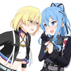 Rule 34 | 2girls, :d, bang dream!, belt buckle, black gloves, black jacket, blonde hair, blue eyes, blue hair, blush, buckle, crop top, cropped jacket, ear piercing, felutiahime, floral print, flower, glaring, gloves, hair ribbon, high ponytail, highres, holding, holding microphone, hololive, hoshimachi suisei, hoshimachi suisei (shout in crisis), jacket, leaning forward, long sleeves, microphone, midriff, multiple girls, navel, open clothes, open jacket, open mouth, piercing, red flower, ribbon, sato masuki, short hair, sidelocks, smile, star (symbol), star in eye, sweatdrop, symbol in eye, virtual youtuber, white background, yellow eyes