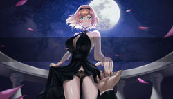Rule 34 | 10million, 1girl, bad id, bad pixiv id, black dress, blonde hair, blue eyes, blush, breasts, cailleach bheur, cleavage, criss-cross halter, dress, hairband, halter dress, halterneck, imminent hand holding, large breasts, last origin, looking at viewer, moon, nightgown, open mouth, panties, petals, pov, short hair, sky, smile, star (sky), starry sky, underwear