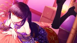 Rule 34 | 1girl, asami asami, bare shoulders, black hair, boots, breasts, chest of drawers, game cg, japanese clothes, long hair, looking at viewer, lying, no bra, on stomach, re:birth colony, red eyes, rindou airi, side ponytail, small breasts, smile, solo