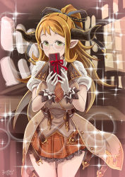 Rule 34 | 1girl, artist name, blush, box, breasts, brown hair, butcha-u, commentary request, cowboy shot, dated, draph, gift, gift box, glasses, gloves, granblue fantasy, green eyes, high ponytail, highres, holding, horns, large breasts, lens flare, long hair, looking at viewer, pleated skirt, pointy ears, red skirt, rimless eyewear, sarya (granblue fantasy), short sleeves, signature, skirt, solo, sparkle, standing, valentine, white gloves