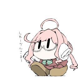 Rule 34 | 1girl, ahoge, blue bow, blue bowtie, bow, bowtie, brown footwear, chibi, commentary request, double bun, dress, dress shirt, glasses, grey-framed eyewear, hair bun, halterneck, kantai collection, long hair, long sleeves, makigumo (kancolle), no mouth, pink hair, purple dress, shirt, shoes, simple background, solo, task (s task80), twintails, white background, white shirt, | |