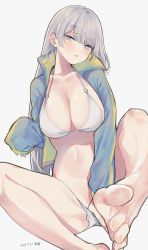 Rule 34 | 1girl, barefoot, bikini, bikini pull, blue eyes, blue jacket, breasts, cleavage, clothes pull, collarbone, feet, frown, grey hair, halterneck, halterneck, hand in panties, head tilt, highres, jacket, large breasts, long hair, long sleeves, looking at viewer, mimelond, navel, o-ring, o-ring bikini, open clothes, open jacket, original, panties, parted lips, simple background, sitting, sleeves past fingers, sleeves past wrists, solo, spread legs, stomach, string bikini, sweatdrop, swimsuit, thighs, toes, underwear, white background, white bikini