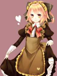 Rule 34 | 1girl, alternate costume, bad id, bad pixiv id, blonde hair, bow, dress, female focus, frills, hair bow, heart, highres, kurodani yamame, looking at viewer, maid, ponytail, short hair, simple background, smile, solo, touhou, yellow eyes, yutazou