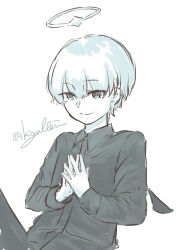 Rule 34 | 1boy, absurdres, arene (arknights), arknights, closed mouth, collared shirt, dress shirt, greyscale, hair between eyes, halo, highres, kaprice, long sleeves, male focus, monochrome, shirt, simple background, smile, solo, steepled fingers, twitter username, white background