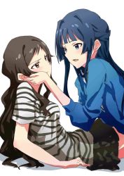 Rule 34 | 10s, 2girls, arm support, ayano yuu (sonma 1426), black hair, blue eyes, blue hair, blush, breasts, brown eyes, brown hair, eye contact, face-to-face, female focus, girl on top, green skirt, hand on another&#039;s cheek, hand on another&#039;s face, hand on own face, idolmaster, idolmaster million live!, implied yuri, jpeg artifacts, kitazawa shiho, legs, long hair, looking at another, lying, medium breasts, mogami shizuka, multiple girls, official art, on back, open mouth, serious, shirt, short sleeves, simple background, skirt, striped clothes, striped shirt, white background, yuri