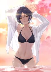 1girl arms_up backlighting bikini black_bikini blue_hair collarbone commentary cowboy_shot dress_shirt halterneck hashtag-only_commentary hayami_kanade idolmaster idolmaster_cinderella_girls looking_at_viewer navel open_clothes open_mouth open_shirt own_hands_together see-through_clothes see-through_shirt shirt short_hair solo stomach swimsuit wading wet white_shirt yannn yellow_eyes