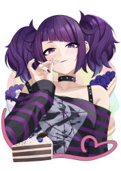 Rule 34 | absurdres, anhun, blueberry, blunt bangs, breasts, cake, cake slice, choker, collarbone, earrings, food, food-themed background, fork, fruit, highres, holding, holding fork, idolmaster, idolmaster shiny colors, jewelry, light smile, long sleeves, looking at viewer, medium hair, nail polish, off-shoulder shirt, off shoulder, purple eyes, purple hair, purple lips, purple nails, shirt, short twintails, small breasts, striped clothes, striped shirt, stud earrings, studded choker, tanaka mamimi, twintails, upper body
