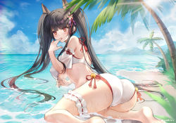 Rule 34 | 1girl, akagi (warship girls r), ass, bare shoulders, beach, bikini, black hair, breasts, covered erect nipples, day, finger to mouth, flower, from behind, hair flower, hair ornament, highres, large breasts, bridal garter, light rays, long hair, looking at viewer, looking back, ocean, outdoors, palm tree, red eyes, solo, sunbeam, sunlight, swimsuit, thighs, tree, twintails, underboob, very long hair, warship girls r, water, wet, white bikini, yukiri (l ii)