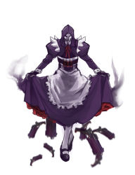 Rule 34 | 1boy, apron, bandolier, black lagoon, clothes lift, commentary, crossdressing, crossover, curosawax, dress, dropping, frills, full body, gloves, gun, highres, hood, magical girl, maid, maid apron, male focus, mary janes, mask, overwatch, overwatch 1, purple dress, reaper (overwatch), red ribbon, ribbon, roberta (black lagoon), shoes, simple background, skirt, skirt lift, solo, weapon, white background, wrist cuffs