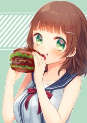 Rule 34 | 1girl, bad id, bad pixiv id, blue sailor collar, brown hair, burger, earrings, eating, food, green eyes, hair ornament, hairclip, jewelry, moyui (myi 005), open mouth, original, sailor collar, short hair, simple background, sleeveless, solo, striped, striped background