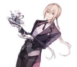 Rule 34 | 1boy, bedivere (fate), bedivere (silver butler) (fate), bishounen, blonde hair, blouse, butler, collared shirt, cross tie, cup, fate/grand order, fate (series), gloves, green eyes, hair between eyes, highres, holding, knights of the round table (fate), koshika rina, long hair, looking at viewer, male focus, official alternate costume, open mouth, ponytail, shirt, simple background, smile, solo, teacup, teapot, white background, white gloves, white shirt