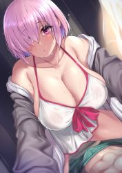 Rule 34 | 1boy, 1girl, :o, abs, armpit crease, bare shoulders, breasts, cleavage, collarbone, curtains, dress swimsuit, dripping, fate/grand order, fate (series), girl on top, green male swimwear, green swim trunks, grey jacket, hair between eyes, hair over one eye, highres, indoors, jacket, large breasts, long sleeves, looking at viewer, male swimwear, mash kyrielight, mash kyrielight (swimsuit of perpetual summer), moisture (chichi), official alternate costume, one-piece swimsuit, open clothes, open jacket, parted lips, pink ribbon, purple eyes, purple hair, ribbon, short hair, swim trunks, swimsuit, unzipped, wet, white one-piece swimsuit, wind, zipper