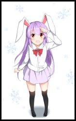 Rule 34 | 1girl, animal ears, bad id, bad pixiv id, black border, black thighhighs, border, commentary request, full body, hand on forehead, light purple hair, long hair, looking up, orange eyes, rabbit ears, red eyes, reisen udongein inaba, ribbon, shirt, skirt, snowflake background, snowflakes, solo, thighhighs, touhou, very long hair, xialuluo (sharuro), aged down