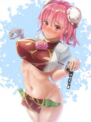 Rule 34 | 1girl, bandages, bandaged arm, bandages, blush, breasts, bun cover, chain, cuffs, double bun, embarrassed, covered erect nipples, full-face blush, green skirt, haruno (kuromitugozen), highres, ibaraki kasen, large breasts, looking at viewer, navel, pink eyes, pink hair, shackles, short hair, skirt, smile, solo, tabard, touhou, x-ray vision
