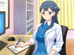 Rule 34 | 1girl, blue eyes, blue hair, blush, book, bookshelf, breasts, chair, closed mouth, computer, curtains, floor, happy, highres, hugtto! precure, indoors, keyboard (computer), lab coat, large breasts, long hair, looking at viewer, monitor, mouse (computer), pencil, precure, sitting, sleeves rolled up, smile, solo, table, tedain, upper body, writing, yakushiji saaya