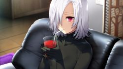 Rule 34 | 1girl, akeiro kaikitan, breasts, couch, cup, drink, drinking straw, game cg, hair over one eye, holding, indoors, looking at viewer, parted lips, red eyes, serious, short hair, silver hair, sitting, small breasts, solo, sumeragi kohaku, upper body, velvet (akeiro kaikitan)