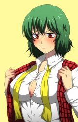 Rule 34 | &gt;:(, 1girl, annoyed, bad id, bad pixiv id, blush, breasts, bursting breasts, cleavage, dress shirt, female focus, frown, green hair, impossible clothes, impossible shirt, kazami yuuka, kn96, large breasts, necktie, orange background, plaid, plaid vest, red eyes, shiny skin, shirt, short hair, simple background, solo, touhou, unbuttoned, undressing, untied, upper body, v-shaped eyebrows, vest