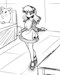 Rule 34 | 1980s (style), 1girl, adapted costume, alternate costume, apron, bad id, bad twitter id, bare legs, barmaid, commentary request, cup, dress, frog hair ornament, greyscale, hair ornament, hairband, high heels, highres, kochiya sanae, long hair, monochrome, oldschool, restaurant, retro artstyle, sketch, snake, sokrates (touhou), takemoto izumi (style), touhou, touhou (pc-98), tray, waist apron, waitress, yatyou