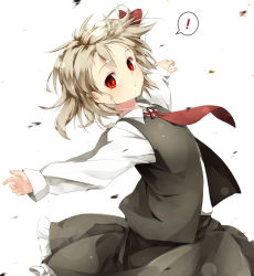 Rule 34 | !, 1girl, blonde hair, gorilla (bun0615), hair ribbon, highres, long sleeves, looking at viewer, messy hair, necktie, outstretched arms, red eyes, red necktie, ribbon, rumia, shirt, skirt, skirt set, solo, spoken exclamation mark, touhou, vest