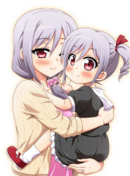 Rule 34 | 10s, 2girls, blush, carrying, child, child carry, family, idolmaster, idolmaster cinderella girls, jewelry, kanzaki ranko, long sleeves, mary janes, mother and daughter, multiple girls, one eye closed, puffy sleeves, red eyes, ring, shoes, short hair, short sleeves, side ponytail, silver hair, smile, uraichishi, white background, wink